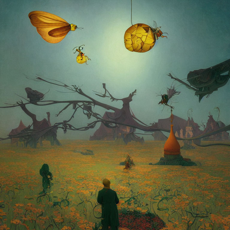 Surreal landscape with giant bees, person, and fantastical elements