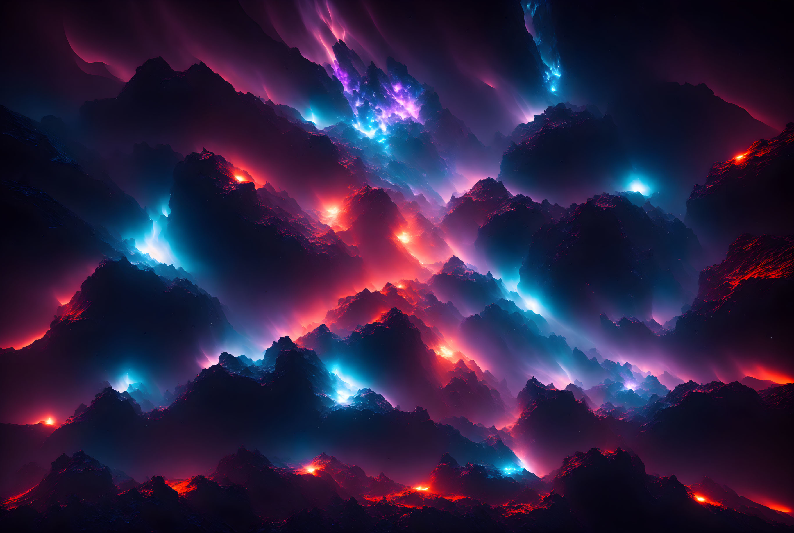 Digitally Created Alien Landscape with Jagged Mountains and Blue-Red Lighting