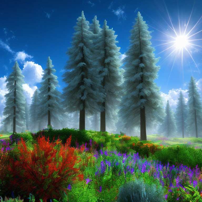Colorful Meadow Under Clear Blue Sky with Radiant Sun and Frosted Pine Trees