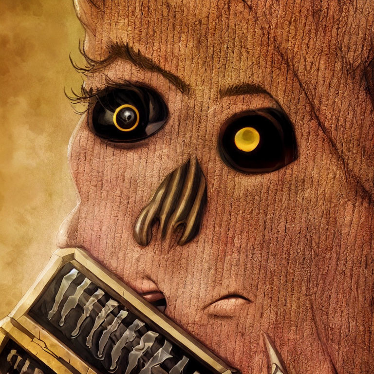Detailed Wooden Puppet Illustration Holding Harmonica with Dark Eyes