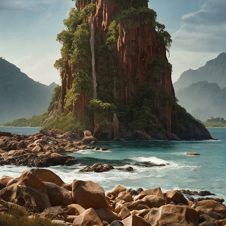 Scenic coastal landscape with cliff, boulders, waves, mountains, and cloudy sky