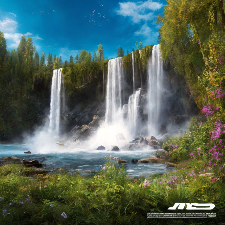 Tranquil landscape with majestic waterfall, lush greenery, and vibrant flowers