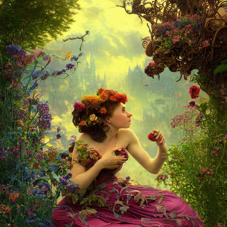 Woman in floral wreath admires fantasy castle in enchanted garden