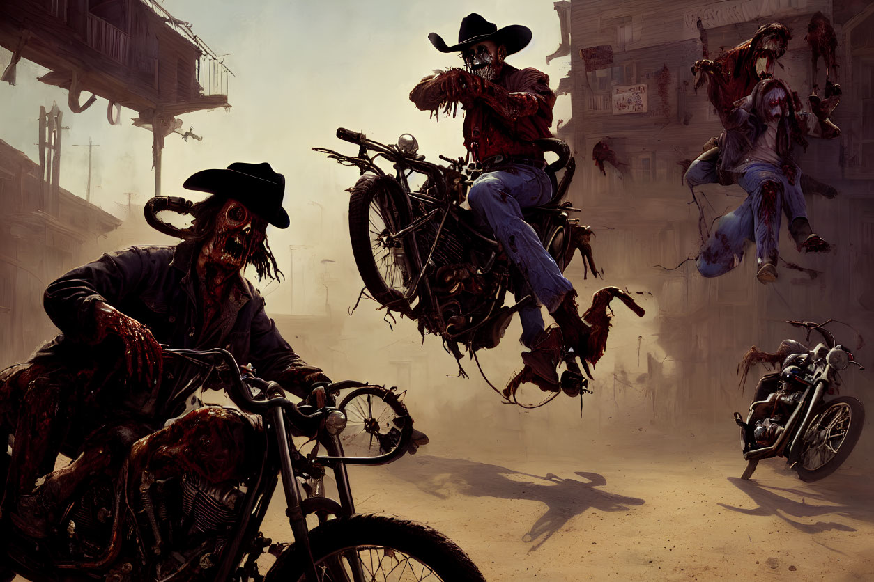 Post-apocalyptic illustration: skeletal cowboys on motorcycles in barren town