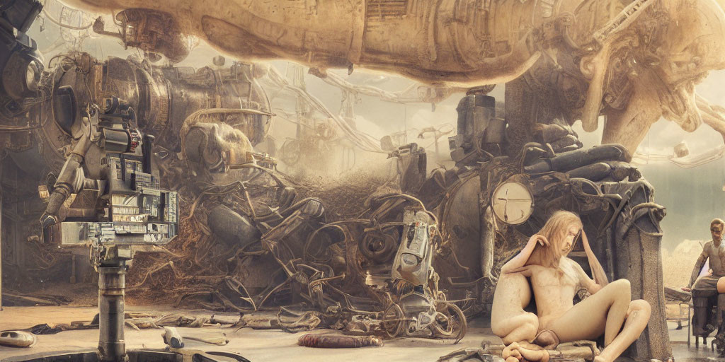 Android woman surrounded by mechanical parts in futuristic setting