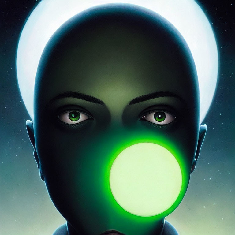 Face with Glowing Green Eyes and Halo on Dark Background