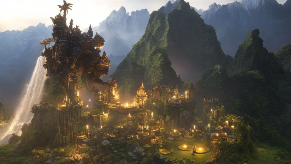 Ancient City with Waterfalls, Mountains, and Illuminated Structure