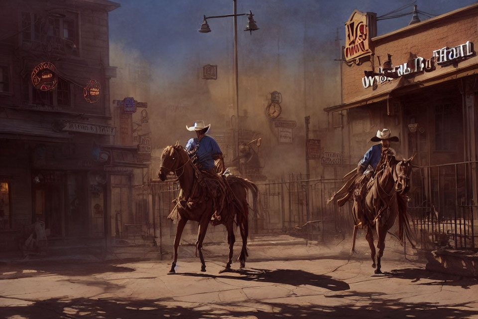 Two cowboys on horseback in vintage Western town scenery