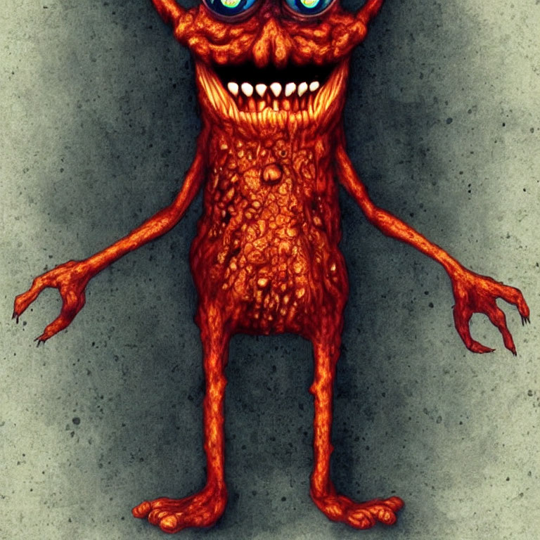 Red-skinned creature with blue eyes and sharp teeth on textured background