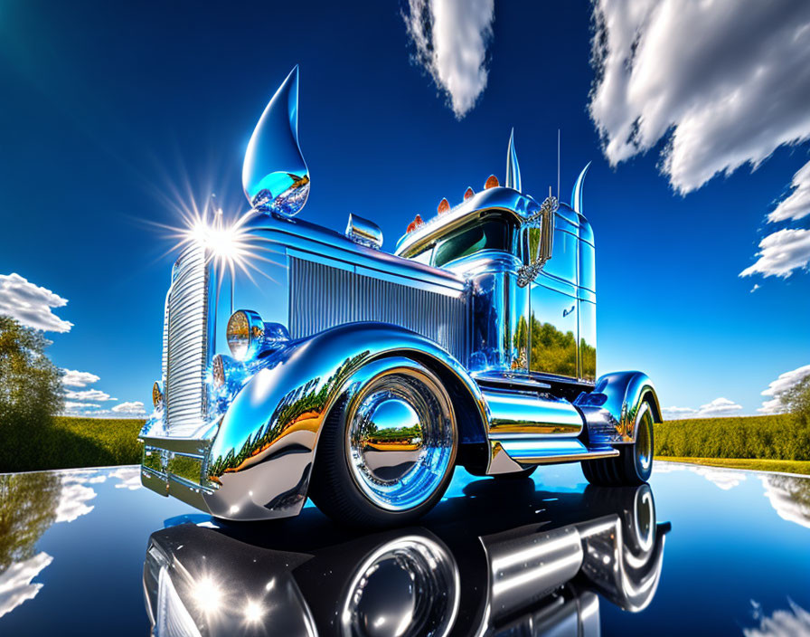 Shiny Metallic Blue Custom Semi-Truck with Chrome Detailing