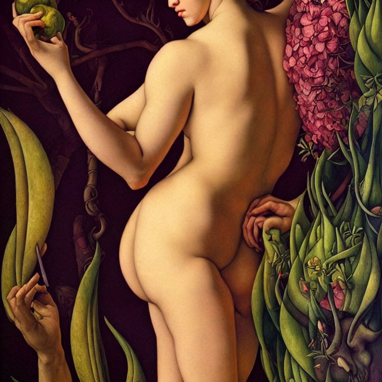 Nude woman in garden picking fruit among flowers
