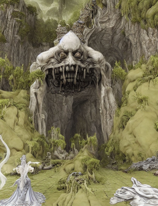 Monstrous face carved into cliff in fantastical landscape