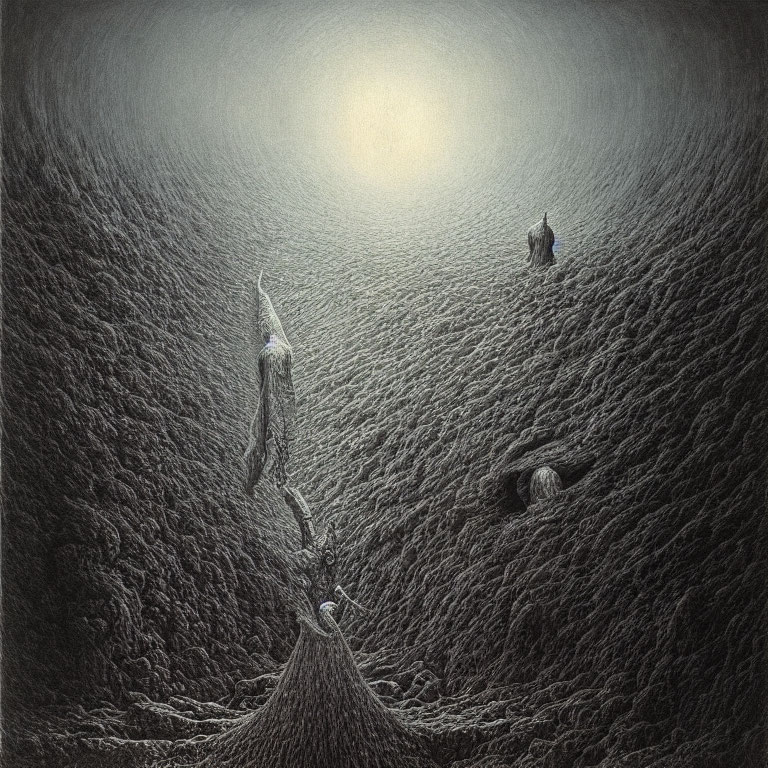 Surreal drawing of figure reaching towards bright orb with dog-like creature