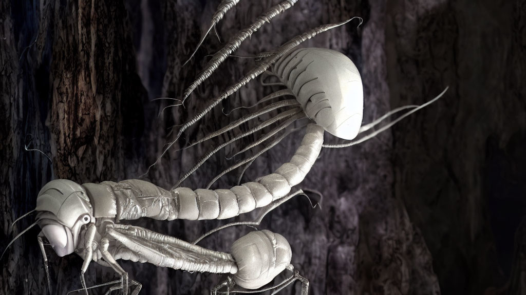 Metallic scorpion-like creatures with segmented tails in digital renderings