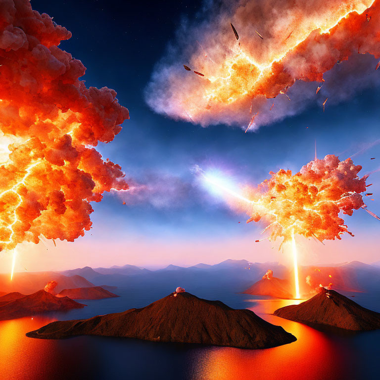Digital Art: Volcanic Islands Eruption & Meteor Shower in Twilight Sky