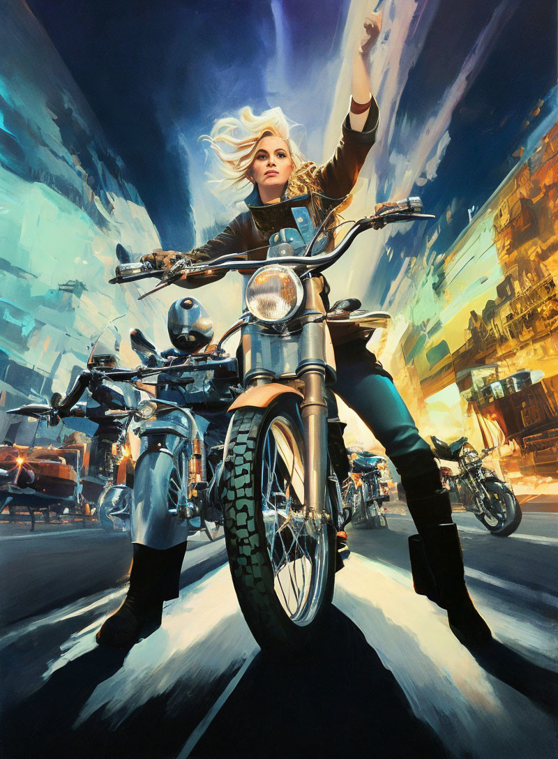 Vibrant cityscape with woman on motorcycle in dynamic pose