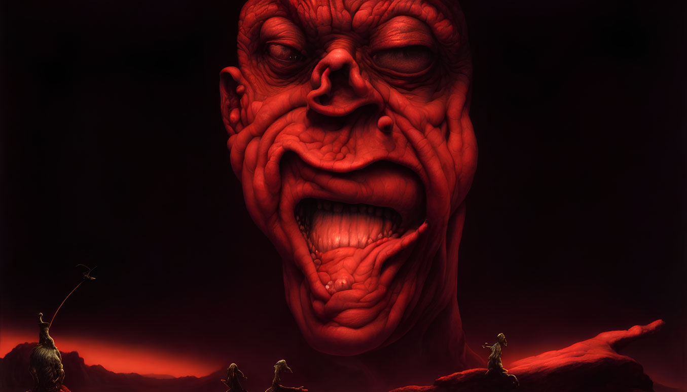 Giant menacing face over tiny figures on dark crimson landscape