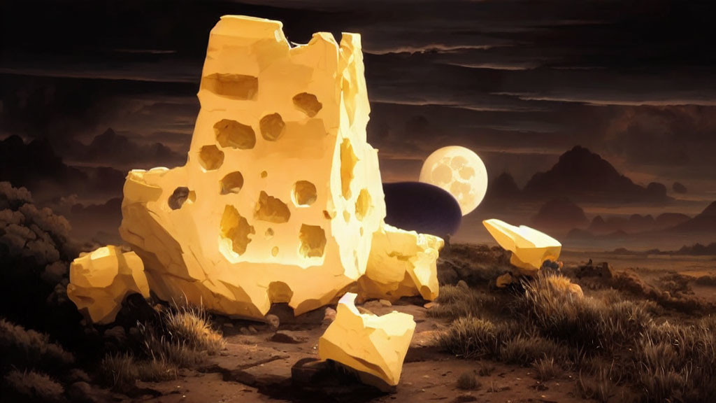 Moonlit sky illuminates large cheese-like rock formation in desert landscape