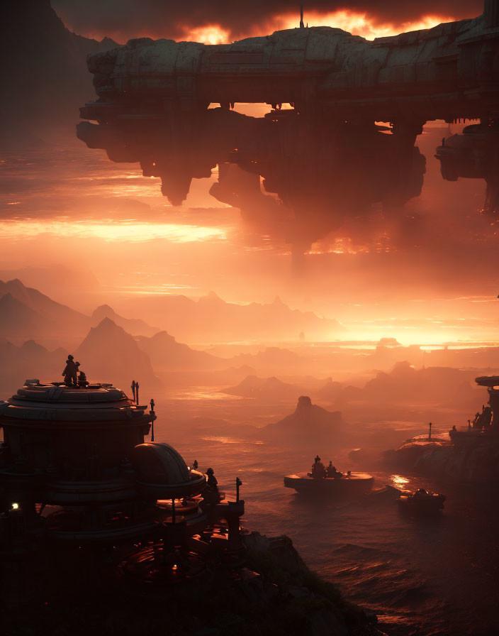 Dystopian landscape with towering structures and fiery sky above mountains.