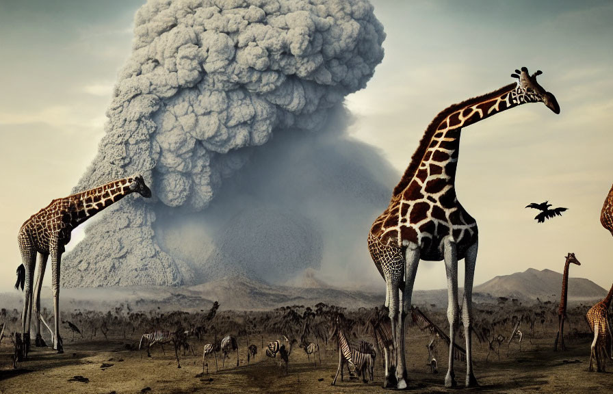 African savanna scene with giraffes, zebras, and volcanic ash cloud
