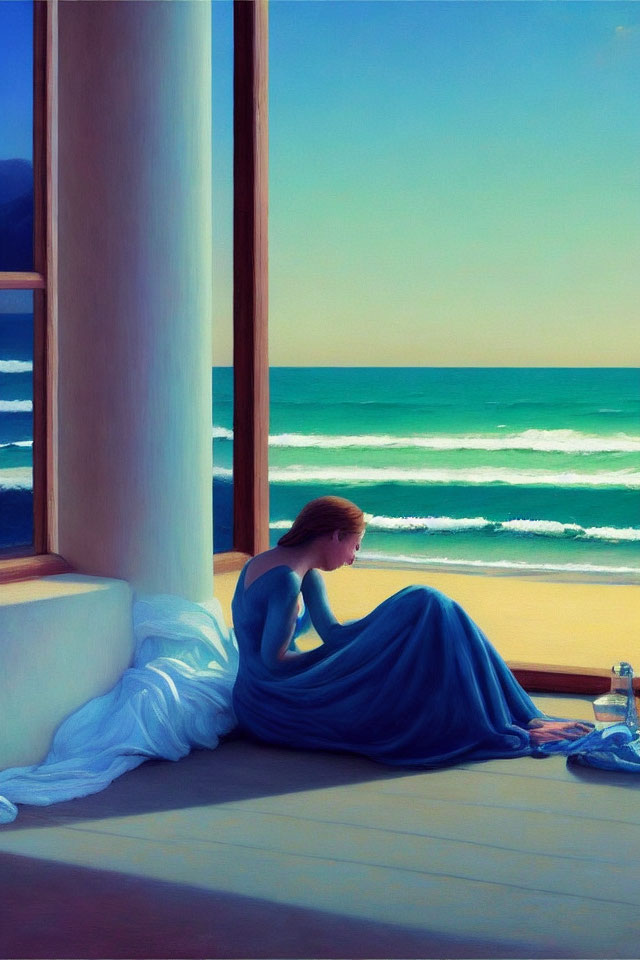 Serene artwork: woman in blue dress on porch by the sea