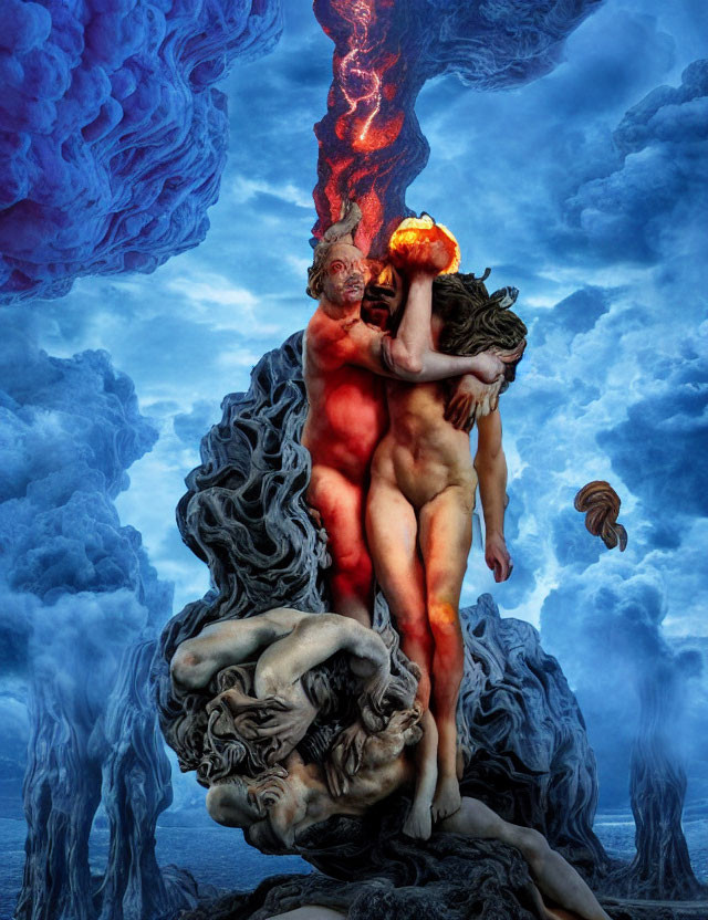 Surreal image of entwined humanoid forms with fiery heads in blue cloudy backdrop
