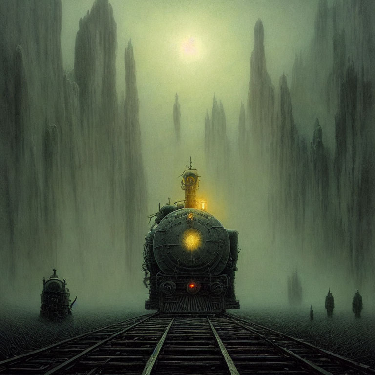 Vintage train with glowing lights in mystical, foggy landscape