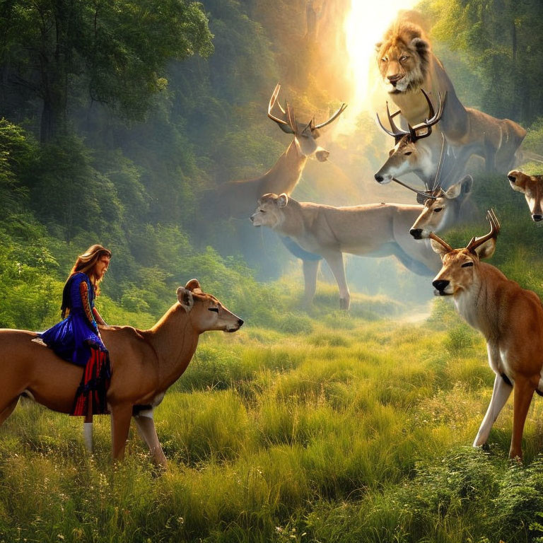 Surreal forest scene with woman in blue dress and lion spirit above deer