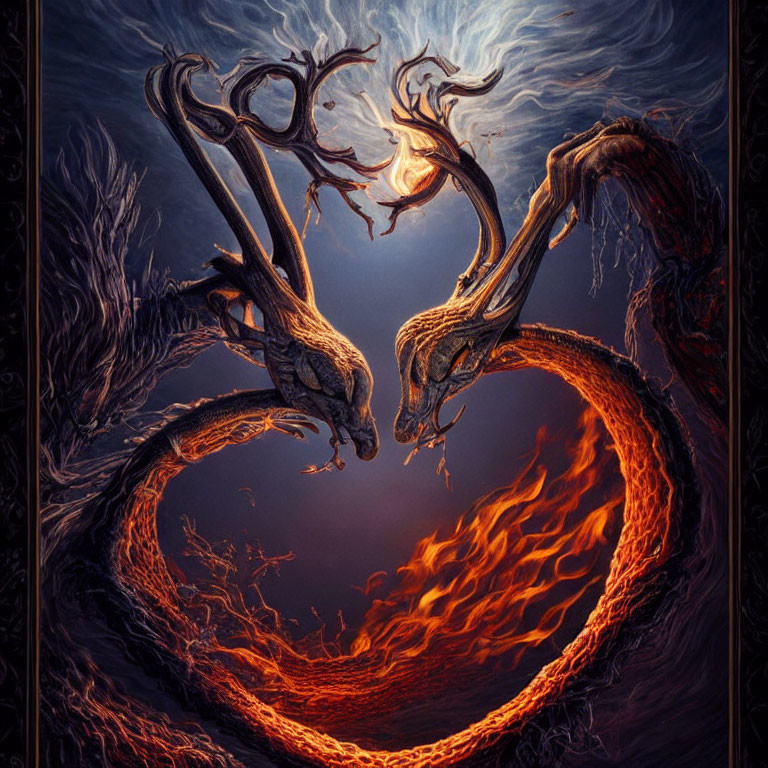 Two dragons in heart shape against lava background with glowing orb