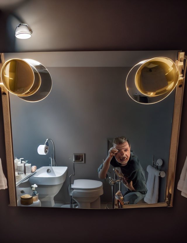 Man surprised grooming in bathroom mirror with sink and toiletries
