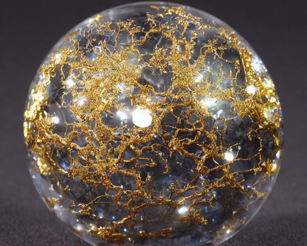 Intricate Gold and White Branch Patterns on Glass Paperweight