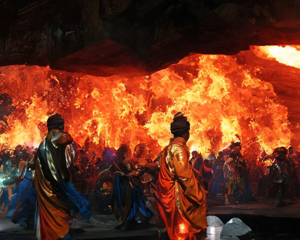 Colorful traditional attire worn by individuals during a fire eruption ceremony.
