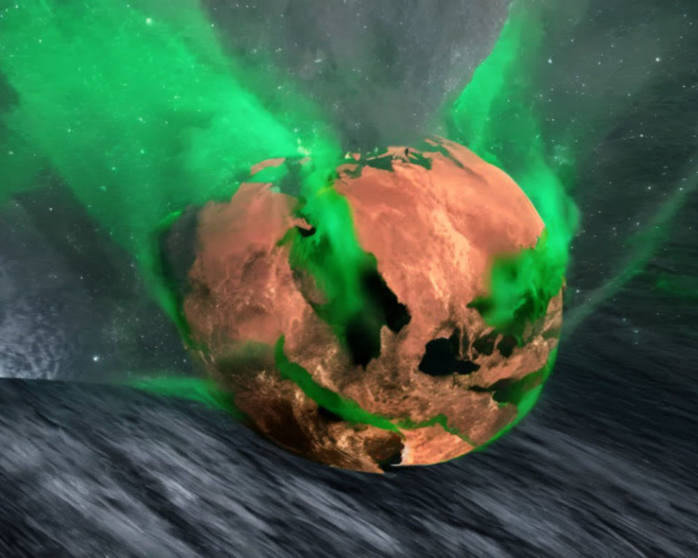 Digital artwork of shattered planet emitting green energy in space