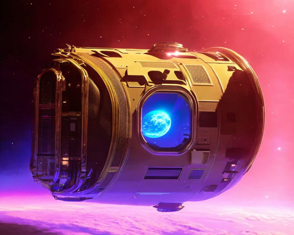 Futuristic gold and black spaceship in vibrant space scene