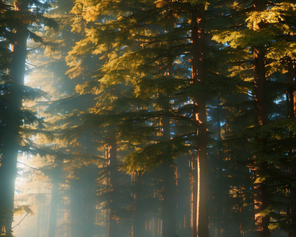 Sunlight filtering through dense forest, illuminating towering trees.