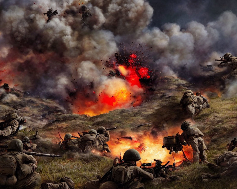 Military soldiers in combat amidst gunfire, explosions, and chaos on a battlefield