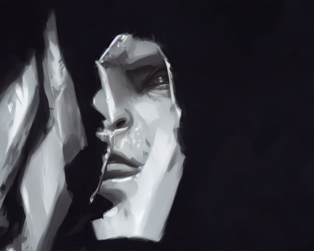Grayscale digital painting of a person's face with sharp features and strong light and shadow contrast.