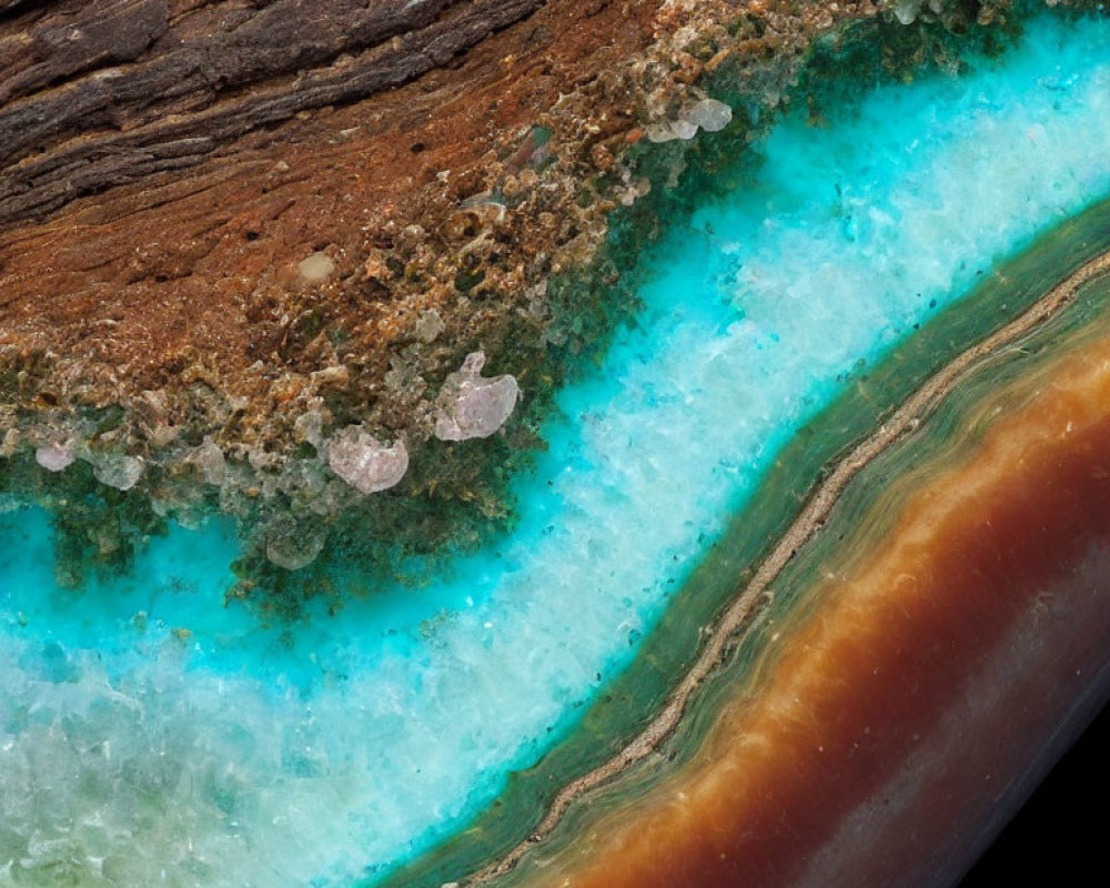 Vibrant banded gemstone with teal blue and brown layers and rugged wooden bark textures