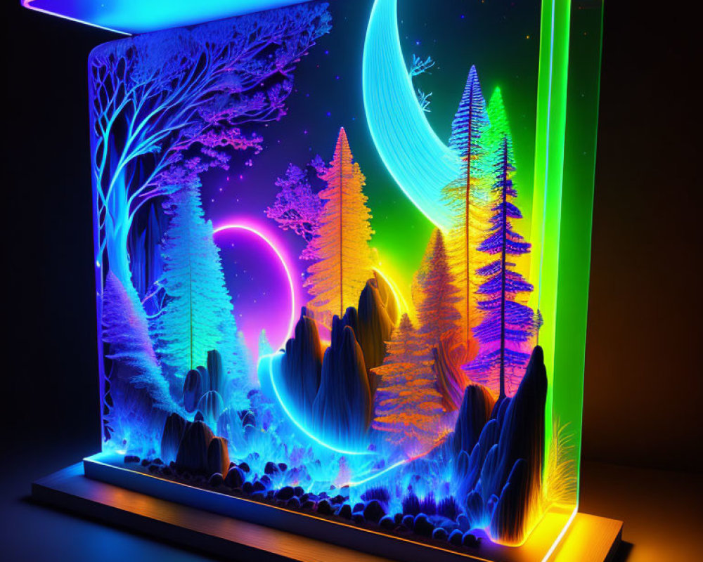 Neon-lit miniature forest diorama with glowing trees and crescent moon