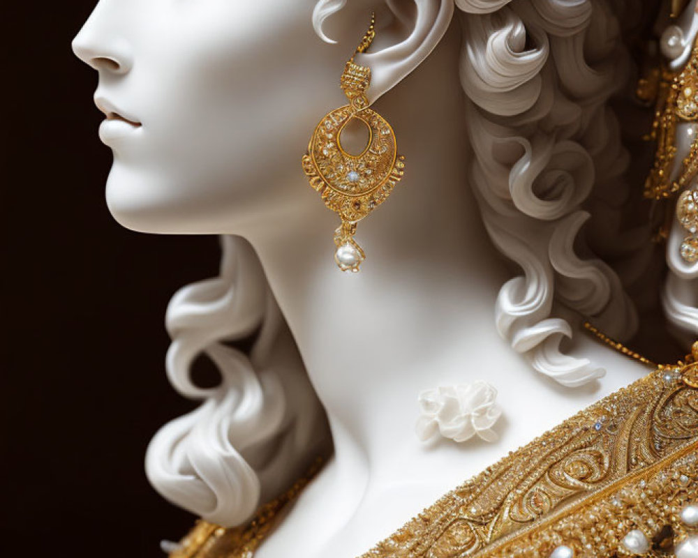 Detailed profile view of ornate white statue with golden headdress and earrings