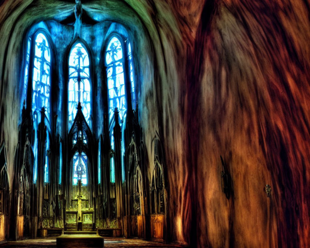 Church altar with stained glass windows and dramatic lighting amplifying religious ambiance
