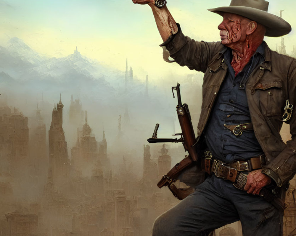 Cowboy in hat and duster coat holding rifles against city skyline.