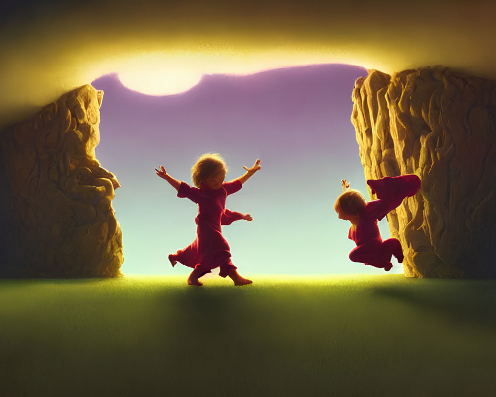 Joyful children playing in sunlit field with tall rocks