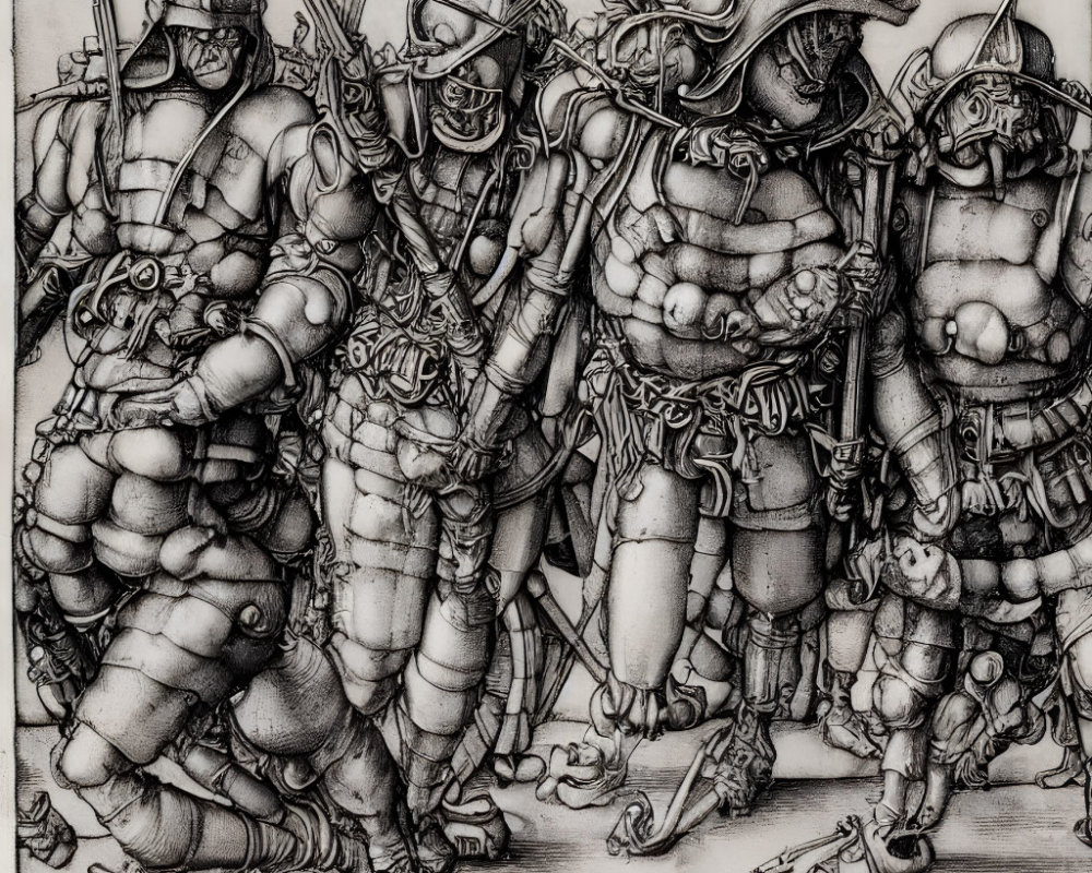 Detailed Black and White Sketch of Armored Soldiers with Weapons