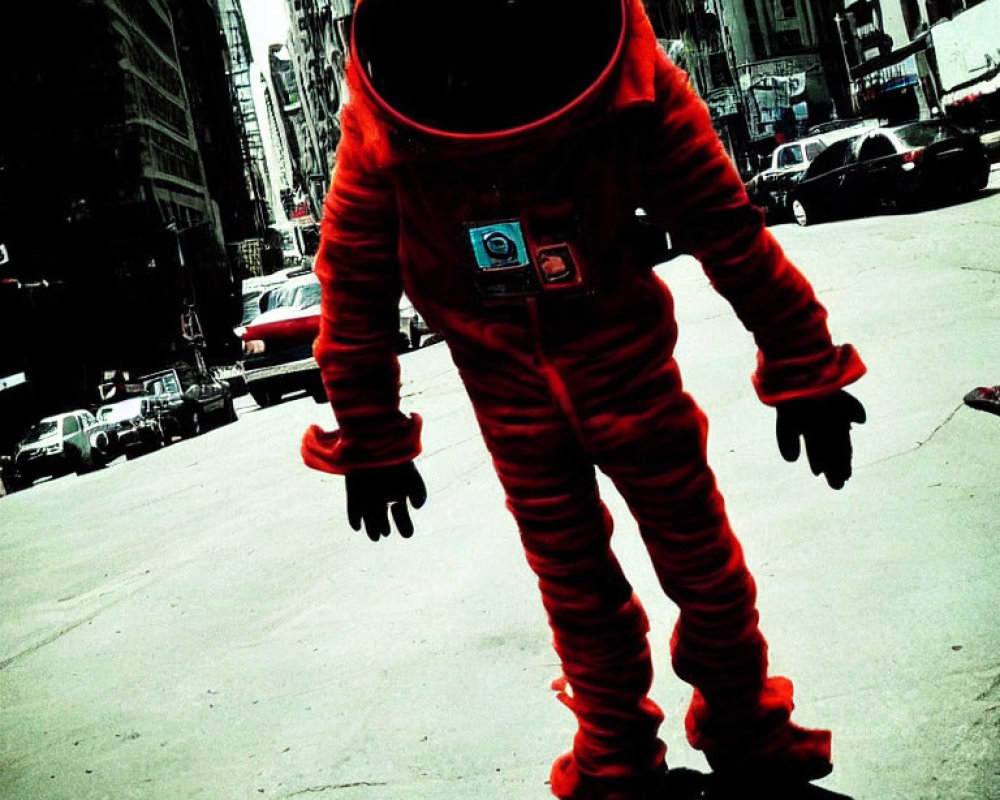 Red astronaut suit figure in urban street with tall buildings