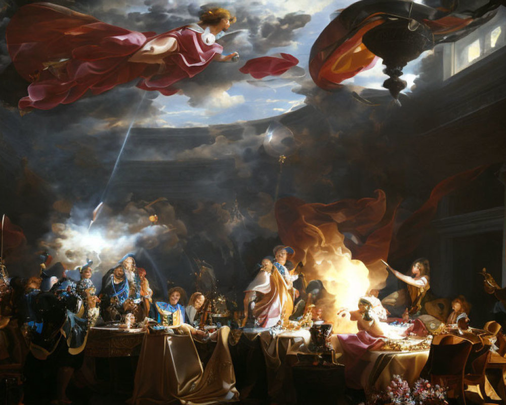 Baroque-style painting with opulent attire, grand banquet, dramatic lighting, and descending angelic figure
