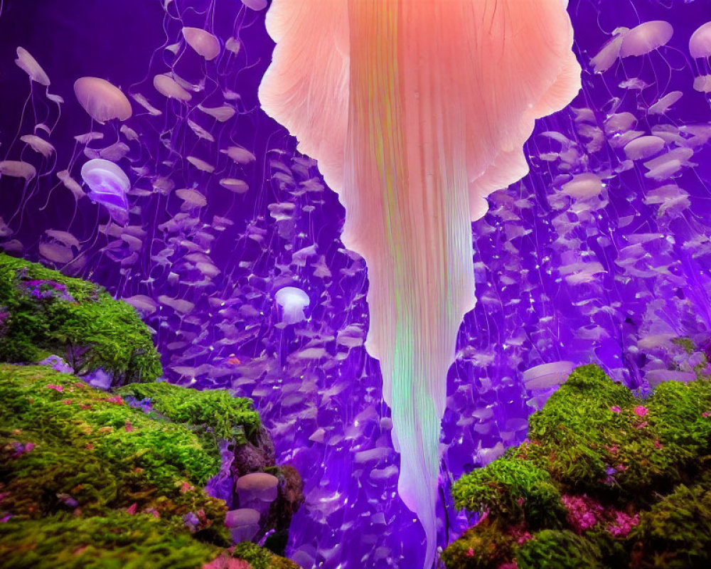 Colorful Underwater Scene with Pink and White Jellyfish on Purple Background