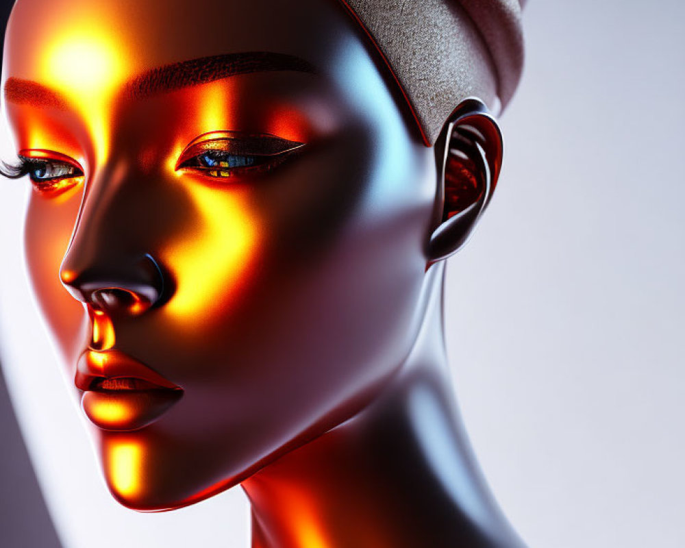 Digital portrait: Female figure with metallic skin, glowing orange accents, head wrap, enigmatic expression