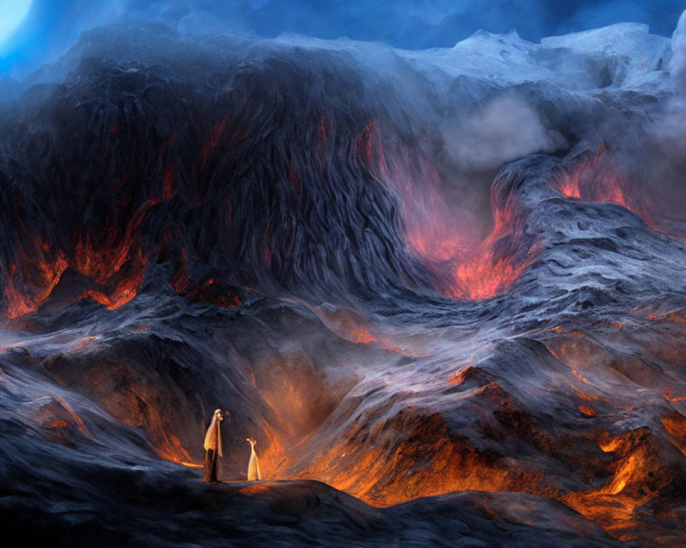 Dramatic volcanic landscape with two figures under bright celestial body
