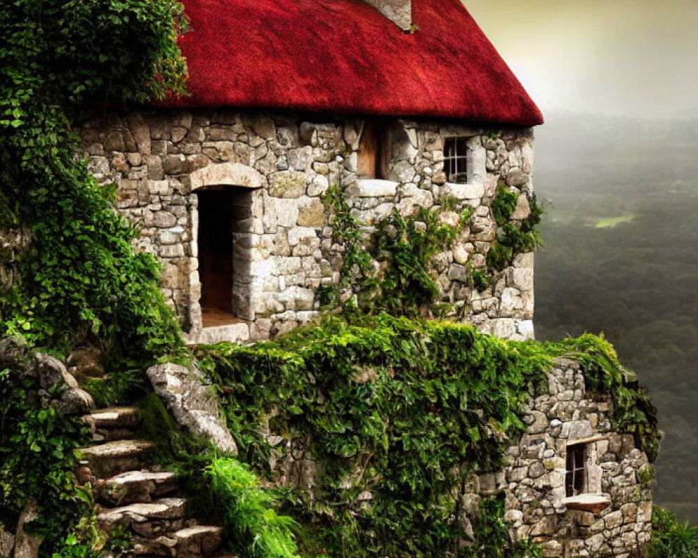 Stone cottage with red roof and ivy walls in lush hill setting